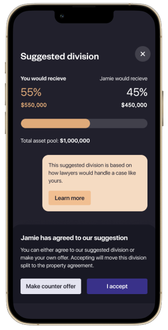 ODR.com family disputes platform on mobile showing suggested asset division